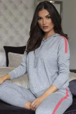 Pour Moi Stripe Detail Soft Knit Lounge Hoodie - Grey