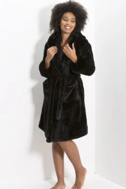 Pour Moi Cosy Faux Fur Trim Hooded Dressing Gown - Black -Cheap Clozi Vibe Store 224349 20211018102400
