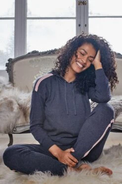 Pour Moi Stripe Detail Soft Knit Lounge Hoodie - Denim Blue