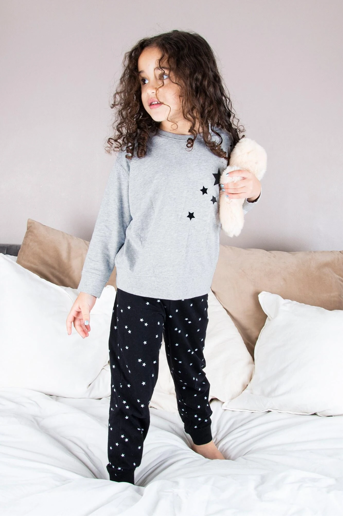 Pour Moi Mini Moi Kids Star Print Jersey Jogger Pyjama Set - Grey/Black 3 Pour Moi Mini Moi Kids Star Print Jersey Jogger Pyjama Set - Grey/Black - Image 3