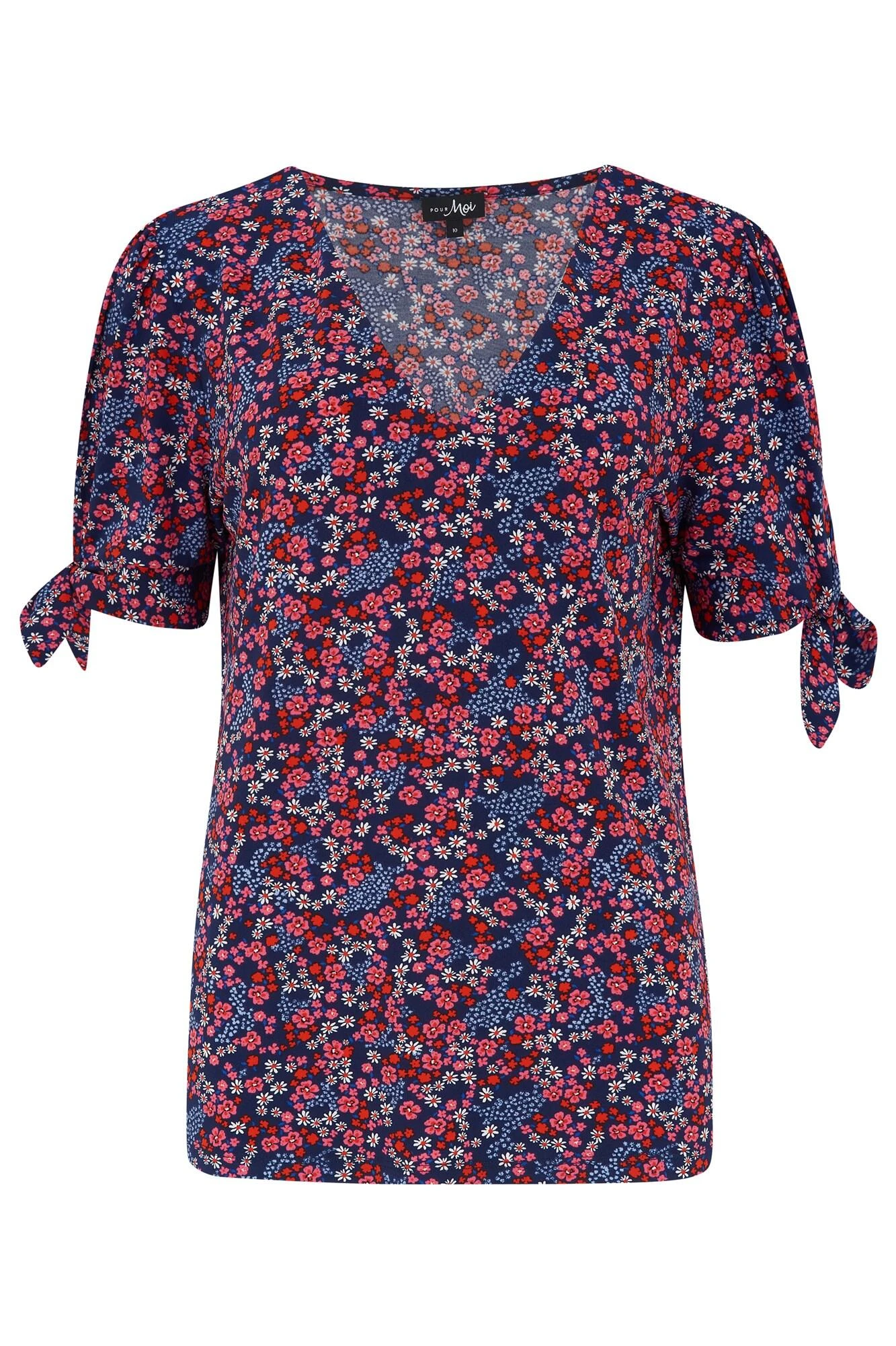 Pour Moi Bella Slinky Jersey Tie Sleeve Top - Navy Ditsy 3 Pour Moi Bella Slinky Jersey Tie Sleeve Top - Navy Ditsy - Image 3