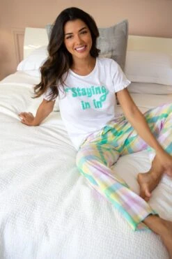Pour Moi Staying In Cotton Jersey T-shirt & Check Trouser Pyjama - White/Multi