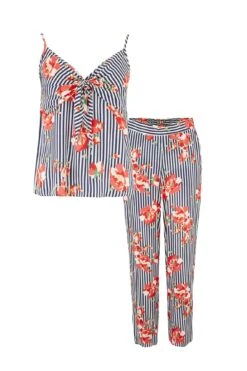 Pour Moi Luxe Woven Tie Front Cami & Trouser Pyjama Set - Blue Stripe -Cheap Clozi Vibe Store 248117 20210427141300