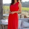 Pour Moi Jenny Fuller Bust Shirred Waist Midi Stretch Dress - Red