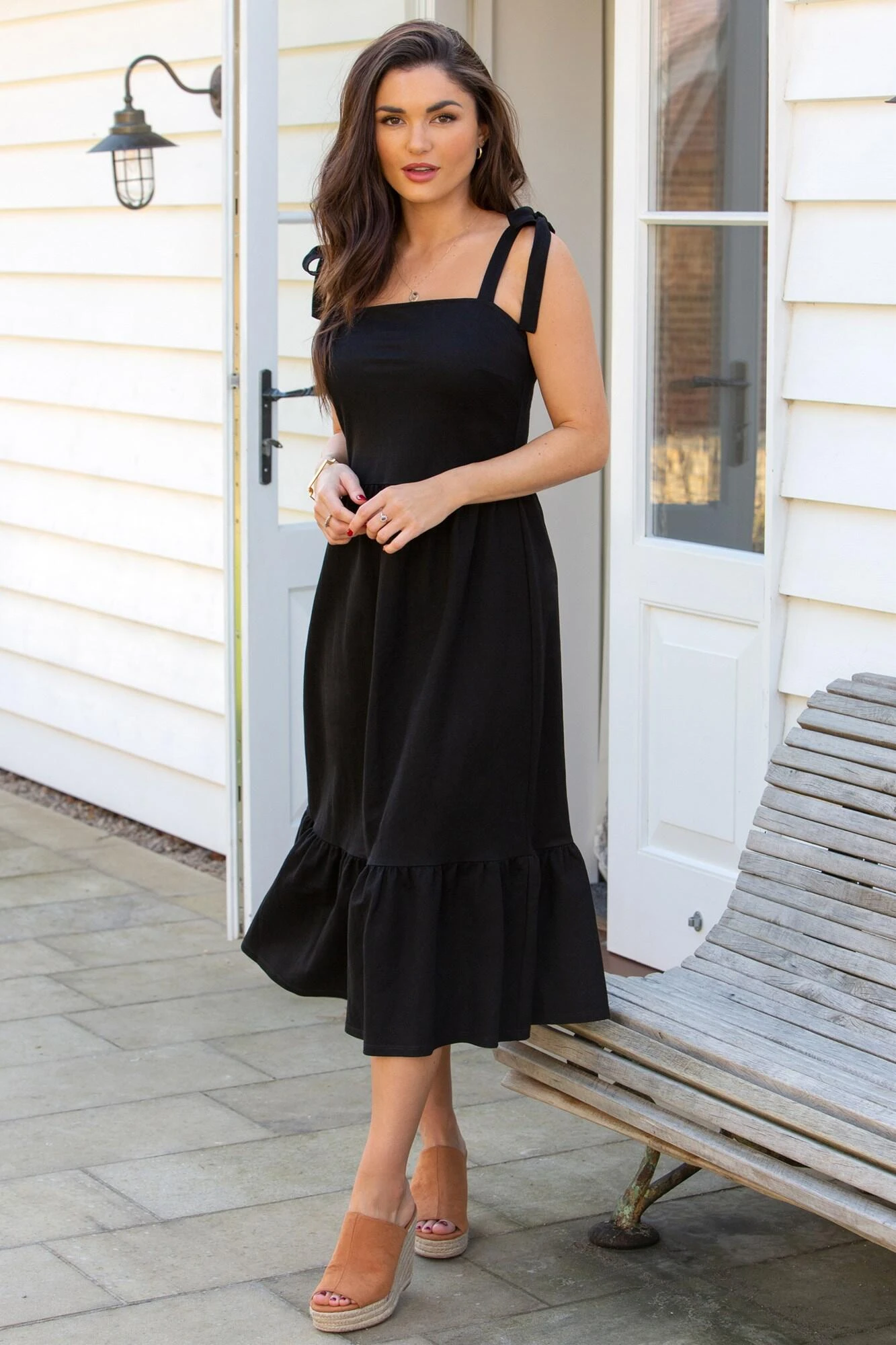 Pour Moi Laura Pique Tie Strap Tiered Midi Dress - Black 3 Pour Moi Laura Pique Tie Strap Tiered Midi Dress - Black - Image 3