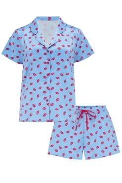 Pour Moi Satin Print Revere Collar Short PJ Set - Blue/Red -Cheap Clozi Vibe Store 255756 20210528125500