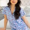 Pour Moi Satin Print Revere Collar Short PJ Set - Blue/Red