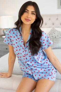 Pour Moi Satin Print Revere Collar Short PJ Set - Blue/Red