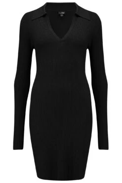 Pour Moi Eva Rib Knit V Neck Collar Mini Dress With LENZING™ ECOVERO™ Viscose - Black -Cheap Clozi Vibe Store 256913 20230224113400