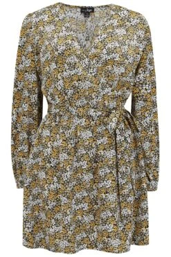 Pour Moi Millie Faux Wrap Woven Satin Dress - Yellow Ditsy -Cheap Clozi Vibe Store 256935 20210730094200