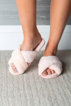 Pour Moi Faux Fur Crossover Slider Slipper - Blush Pink -Cheap Clozi Vibe Store 258773 20220419102500