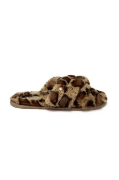 Pour Moi Faux Fur Crossover Slider Slipper - Tan Leopard -Cheap Clozi Vibe Store 258779 20220419102500