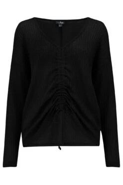 Pour Moi Waffle Knit Ruche Front Long Sleeve Top - Black -Cheap Clozi Vibe Store 259119 20230125143000