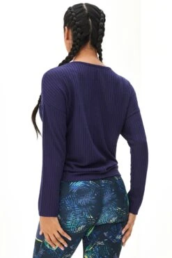 Pour Moi Waffle Knit Ruche Front Long Sleeve Top - Navy -Cheap Clozi Vibe Store 259131 20230125143000