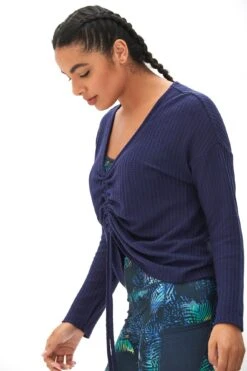 Pour Moi Waffle Knit Ruche Front Long Sleeve Top - Navy -Cheap Clozi Vibe Store 259132 20230125143000