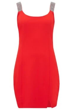 Pour Moi Julia Diamante Strap Ponte Bodycon Mini Dress - Red/Silver -Cheap Clozi Vibe Store 262823 20220419102200