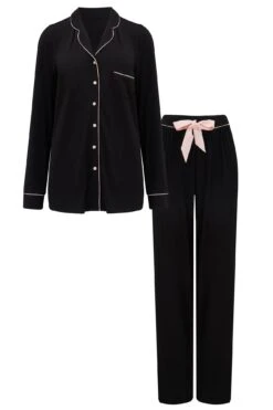 Pour Moi Modal Jersey Long Sleeve Revere Collar Pyjama Set - Black/Pink -Cheap Clozi Vibe Store 262852 20211229093400