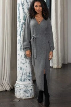 Pour Moi Elle Knit Midi Wrap Dress - Grey Marl -Cheap Clozi Vibe Store 264418 20210930111400