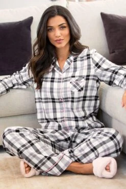 Pour Moi Cosy Check Brushed Cotton Pyjama Set - Black/Ivory -Cheap Clozi Vibe Store 264814 20211229095100