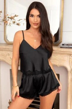Pour Moi India Satin And Lace Cami And Short Pyjama Set - Black