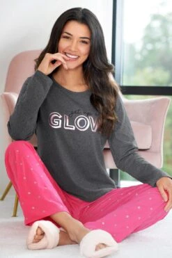 Pour Moi Get Up & Glow Jersey Cotton Pyjama Set - Charcoal/Raspberry