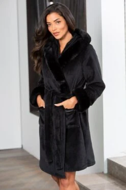 Pour Moi Cosy Faux Fur Trim Hooded Dressing Gown - Black