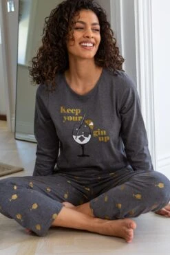 Pour Moi Keep Your Gin Up Pyjama Set - Charcoal