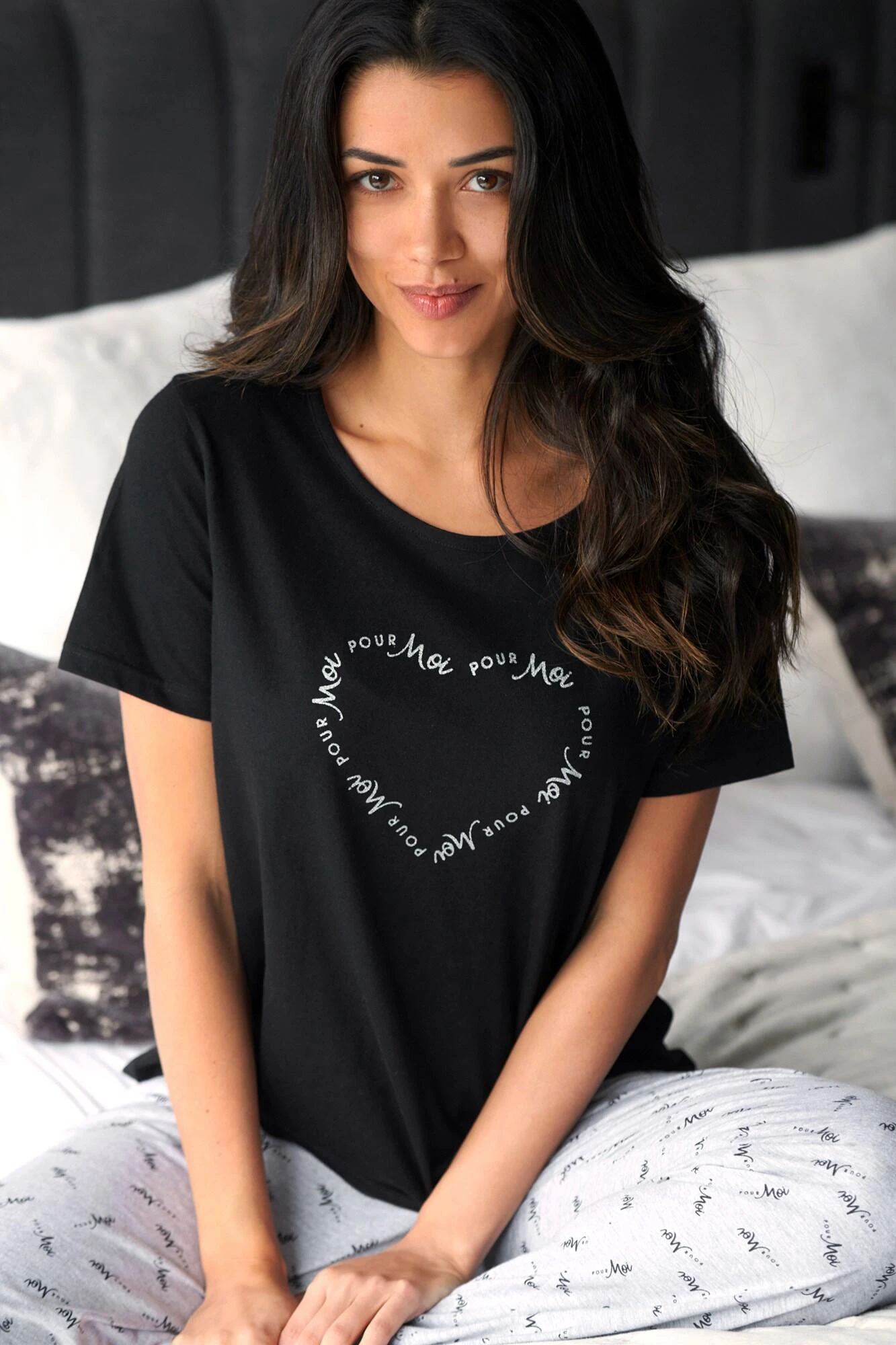 Pour Moi Logo Print Cotton Jersey Pyjama Set - Black/Grey 2 Pour Moi Logo Print Cotton Jersey Pyjama Set - Black/Grey - Image 2