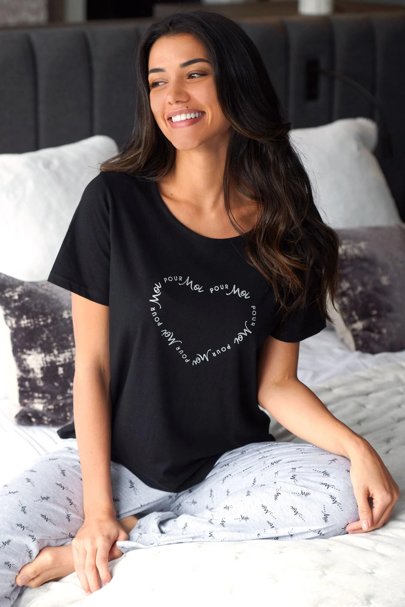 Pour Moi Logo Print Cotton Jersey Pyjama Set - Black/Grey 1 Pour Moi Logo Print Cotton Jersey Pyjama Set - Black/Grey