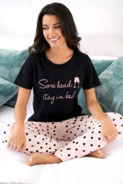 Pour Moi Sore Head Stay In Bed Cotton Jersey Pyjama Set - Black/Pink