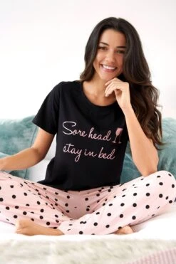 Pour Moi Sore Head Stay In Bed Cotton Jersey Pyjama Set - Black/Pink -Cheap Clozi Vibe Store 266113 20220419103000