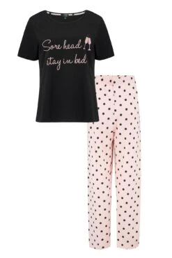 Pour Moi Sore Head Stay In Bed Cotton Jersey Pyjama Set - Black/Pink -Cheap Clozi Vibe Store 266116 20220419103000