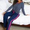 Pour Moi Stripe Jersey Long Sleeve Pyjama Set - Navy/White