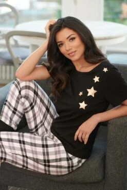 Pour Moi Cosy Check Trouser And Jersey T-Shirt Pyjama - Black/Ivory