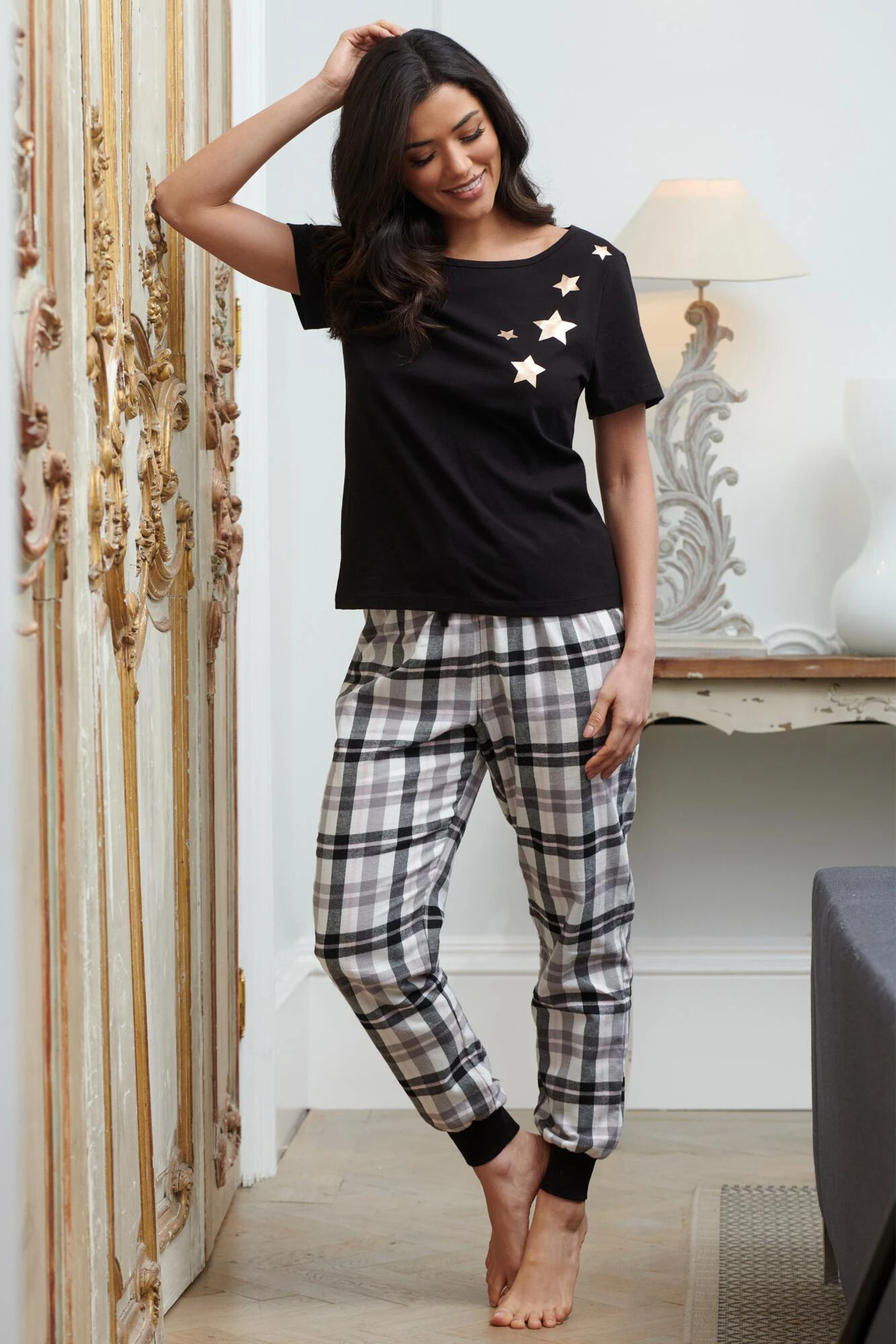 Pour Moi Cosy Check Trouser And Jersey T-Shirt Pyjama - Black/Ivory 2 Pour Moi Cosy Check Trouser And Jersey T-Shirt Pyjama - Black/Ivory - Image 2