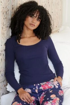 Pour Moi Rib Jersey Long Sleeve Top - Navy