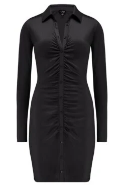 Pour Moi Brooke Shine Stretch Jersey Ruched Front Bodycon Shirt Dress - Black -Cheap Clozi Vibe Store 271364 20211213110900