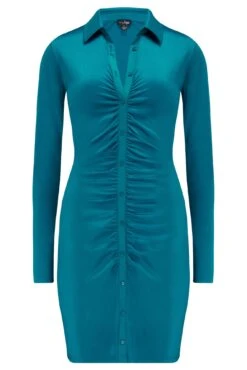 Pour Moi Brooke Shine Stretch Jersey Ruched Front Bodycon Shirt Dress - Teal -Cheap Clozi Vibe Store 271374 20220329161500