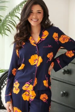Pour Moi Luxe Woven Twill Pyjama Set - Navy/Orange Floral -Cheap Clozi Vibe Store 273287 20220214091100