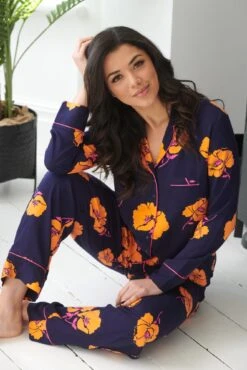 Pour Moi Luxe Woven Twill Pyjama Set - Navy/Orange Floral