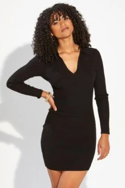 Pour Moi Eva Rib Knit V Neck Collar Mini Dress With LENZING™ ECOVERO™ Viscose - Black -Cheap Clozi Vibe Store 273930 20220318090100
