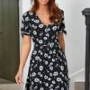 Pour Moi Bella Slinky Stretch Tie Sleeve Tea Dress - Mono Floral