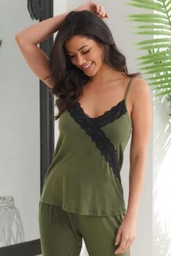 Pour Moi Sofa Loves Lace Hidden Support Soft Jersey Cami - Khaki/Black