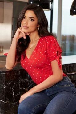 Pour Moi Bella Slinky Jersey Stretch Top - Red Spot