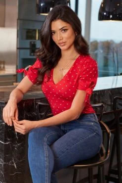 Pour Moi Bella Slinky Jersey Stretch Top - Red Spot -Cheap Clozi Vibe Store 275359 20220215150800