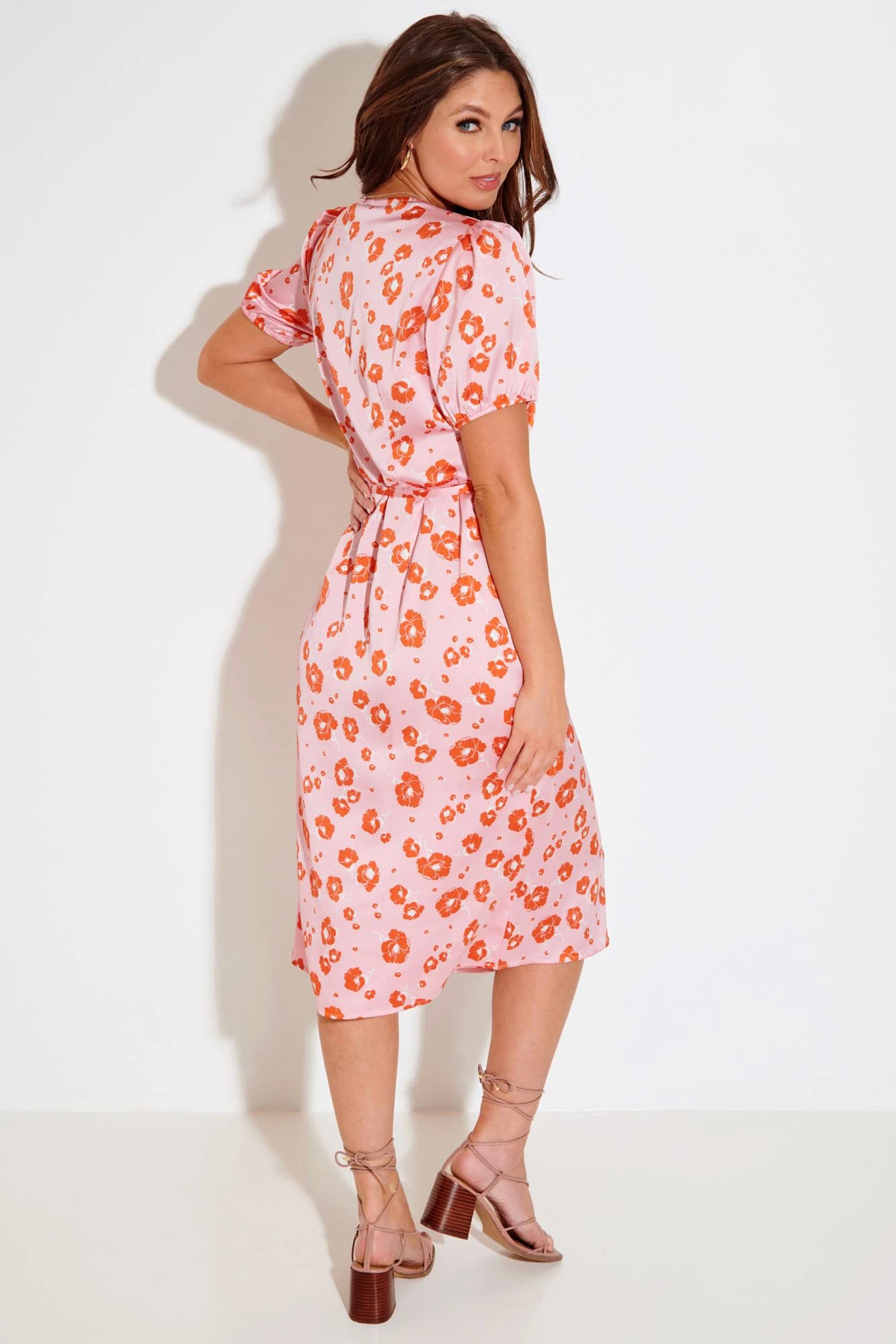 Pour Moi Margot Woven Satin Midi Tea Dress - Pink/Orange 2 Pour Moi Margot Woven Satin Midi Tea Dress - Pink/Orange - Image 2