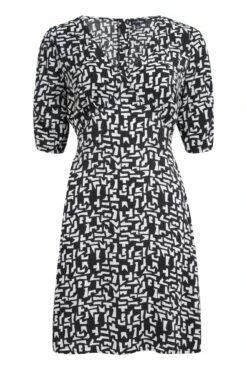 Pour Moi Emma V Neck Woven Ruche Sleeve Tea Dress - Mono Geo -Cheap Clozi Vibe Store 281503 20220419113400