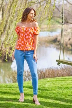 Pour Moi Emma Woven Puff Sleeve Multiway Blouse - Orange/Pink Floral -Cheap Clozi Vibe Store 281660 20220429144700