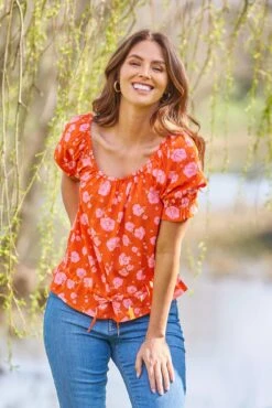 Pour Moi Emma Woven Puff Sleeve Multiway Blouse - Orange/Pink Floral -Cheap Clozi Vibe Store 281661 20220429144700
