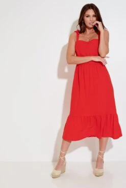 Pour Moi Laura Pique Tie Strap Tiered Midi Dress - Red -Cheap Clozi Vibe Store 282163 20230224134700
